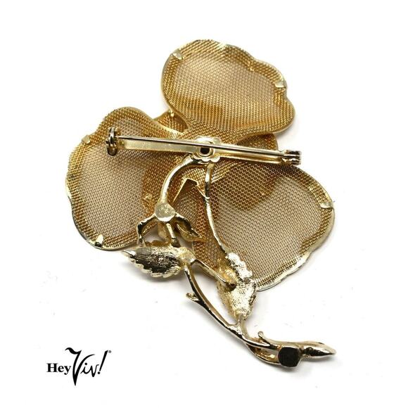Vintage Large Flower Pin Brooch Gold Metal Mesh Statement Piece 3" High -Hey Viv - Picture 3 of 5